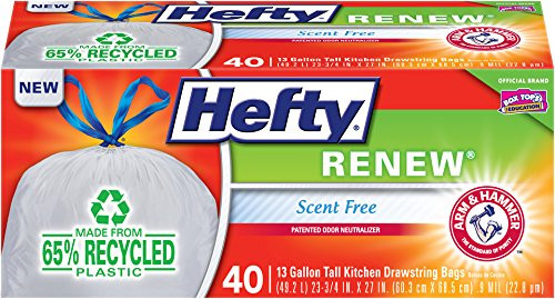 Hefty Renew Recycled Plastic Tall Kitchen Drawstring Trash Bags -13 Gallon  40 Count-