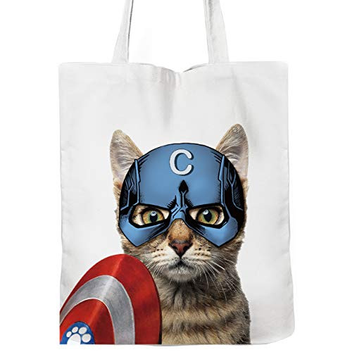 Captain Cat America Super Hero Tote Bag - 100 Percent  cotton 12 Oz Reusable - Book Bag. Library bag. Market bag