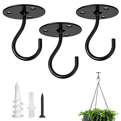 Ceiling Hooks for Hanging Plants - Metal Plant Brackets Wall Mounted Hangers for Hanging Bird Feeders  Planters  Wind Chimes  Include Professional Drywall Anchors?3 Pack?-Black-