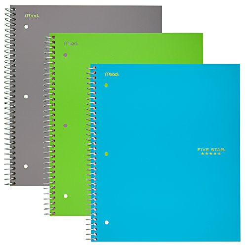 Five Star Spiral Notebooks, 1 Subject, College Ruled Paper, 100 Sheets, 11" x 8-1/2", Teal, Gray, Lime, 3 Pack (73053)