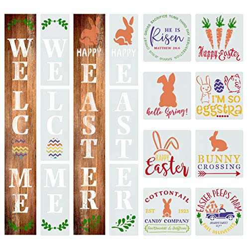 CINPIUK Easter Stencils Welcome Sign Stencil Painting on Wood with Hello Spring Bunny Carrot Egg He is Risen  Make Your Own Farmhouse Spring Porch Sign  14PCS