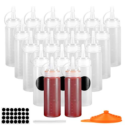 Condiment Squeeze Bottles  OAMCEG 20-Pack 4oz Plastic Squeeze Squirt Bottles with Twist On Cap Lids and Discrete Measurements for Ketchup  BBQ  Sauces - Includes Funnel  Erasable Marker and 28 Labels