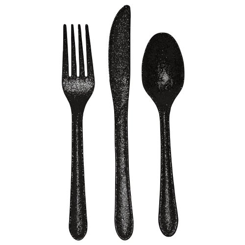 Creative Converting 24 Count Assorted Premium Plastic Glitz Glitter Disposable Cutlery  Black