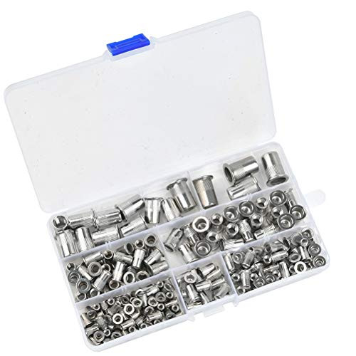 QLOUNI 165Pcs 304 Stainless Steel Rivet Nuts  M3 M4 M5 M6 M8 M10 Flat Head Threaded Rivetnut Insert Nutsert Rivet Nut Assortment Kit