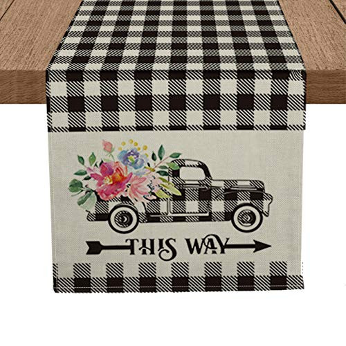 Artoid Mode Buffalo Plaid Flower Truck Table Runner  Seasonal Spring Holiday Kitchen Dining Table Runner for Home Party Decor 13 x 72 Inch