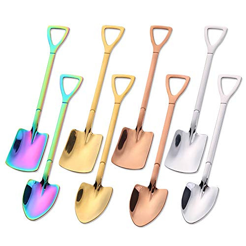 LELE LIFE 8Pcs Stainless Steel Shovel Shape Spoon  Gleaming Tea Coffee Sugar Cake Spoon  Dessert Ice Cream Spoon  Fruit Spoon Stirring Spoon Metal Yogurt Spoons  4 Colors
