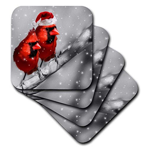 3D Rose Red Cardinal Birds in Santa Hat Winter Black and White Scene Soft Coasters, Multicolor