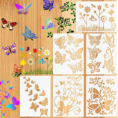 6 Pieces Butterfly Stencil Kit Dandelion Flowers Stencil Butterfly Reusable Mylar Template Stencils with Metal Open Ring for Painting on Wood Wall Home Decor DIY Crafts