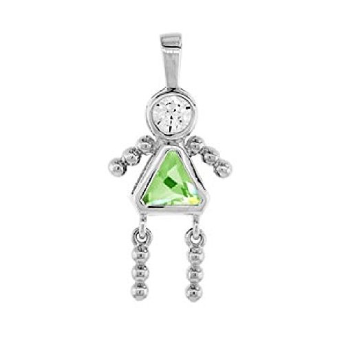 Simulated Peidot Cubic Zirconia August Birthstone Girl Flat Charm Rhodium Plated Sterling Silver