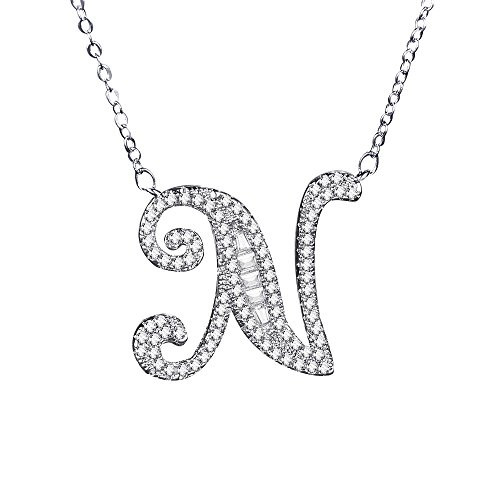 Uloveido Initial N Letter White Gold Plated Necklace Pendant for Women Girls Kids Mom Friend with Cubic Zirconia Stone CZ Crystals NL025