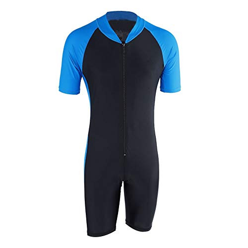 Wbestexercises One Piece Zip Front Surfing Swimsuit Boyshorts Short Sleeve Athletic Swimwear Bathing Suit  Shorty Wetsuit for Men and Women-Surfing  Snorkeling  Scuba Diving-XL-Blue  and  Black-