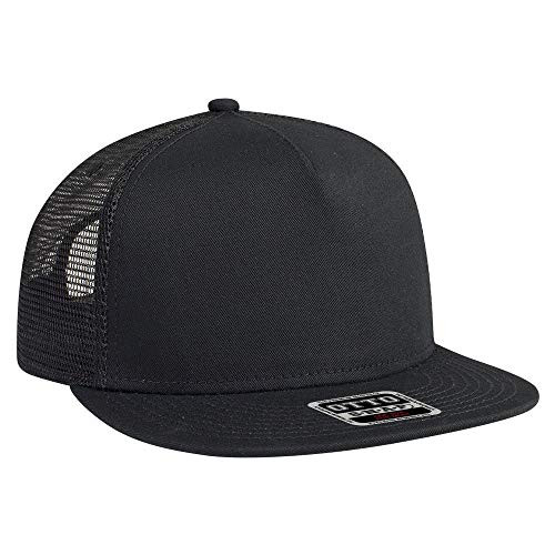 Otto Round Flat Visor SNAP 5 Panel Mesh Back Trucker Snapback Hat - Black