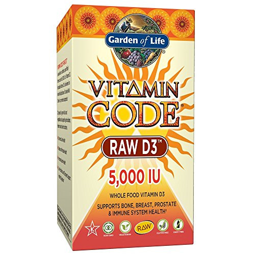 Garden of Life Raw D3 Supplement - Vitamin Code Whole Food Vitamin D3 5000 IU, Dairy and Gluten Free, Vegetarian, 60 Capsules | Color May Vary - Now with Organic Green Cracked Wall Chlorella