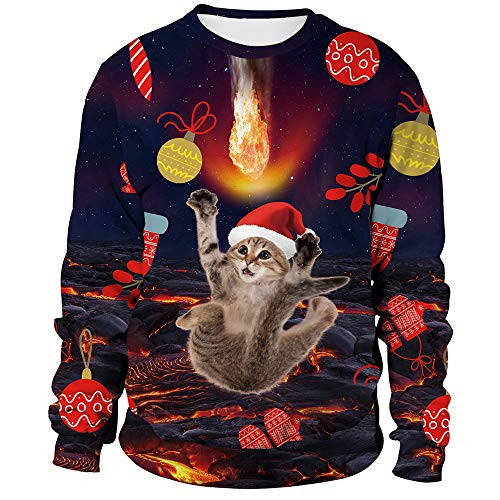 Womens Ugly Christmas Sweatshirt Cat Funny Novelty Animal Xmas Sweater Shirt Pullover - XL