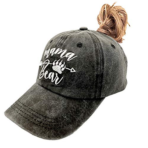 LOKIDVE Mama Bear Ponytail Hat Embroidered Messy High Bun Distressed Baseball Cap LOKIDVE Mama Bear Ponytail Hat Embroidered Messy High Bun Distressed Baseball Cap