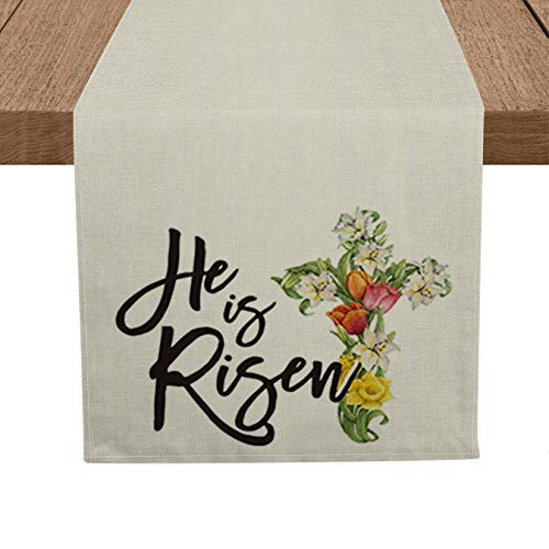 Artoid Mode He is Risen Table Runner  Seasonal Tulips Lily Cross Spring Easter Holiday Kitchen Dining Table Runner for Home Party Decor 13 x 72 Inch