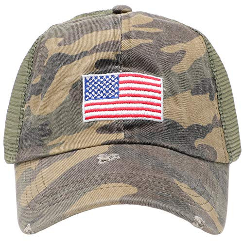 MIRMARU Women s Baseball Caps Distressed Vintage Patch Washed Cotton Low Profile Embroidered Mesh Snapback Trucker Hat -USA Flag  Camouflage-