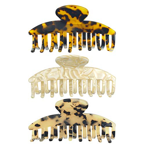 Large Hair Claw Clips for Thin Hair  Tortoise Shell Hair Clips for Women  3.8 Inch Leopard Print Jaw Clips for Thick Hair  3 Pcs Cellulose Acetate Banana Clips -Brown Beige Ivory-