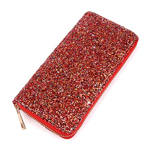 RIAH FASHION Rainbow Glitter Zip Around Wallet - Sparkly Confetti Single Zipper Clutch Purse with Card Slots -Rainbow - Red-