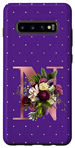 Galaxy S10 Plus Purple floral Initial Letter N monogram blush lilac flowers Case
