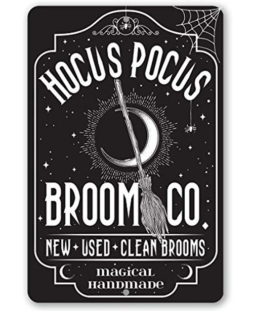 Metal Sign - Hocus Pocus Broom Co - Durable Metal Sign - 8inch  x 12inch  Use Indoor Outdoor - Great Halloween Home Decoration or Gift Under 20