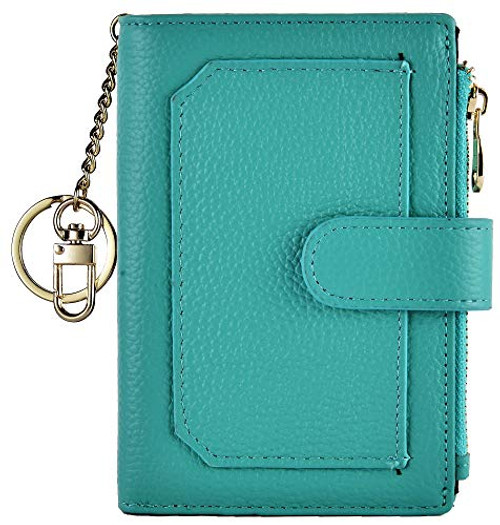 Leamekor Womens Wallets RFID Small Compact Bifold Leather Card Holder Zip Pocket Keychain  Teal  Medium