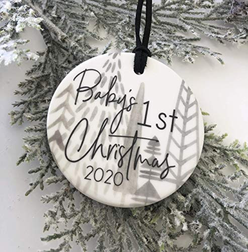 Baby_s First Christmas Ceramic Ornament with Gift Box - Christmas Tree Decorations for Baby_s First Year - Seasonal Decor with Leather Cord