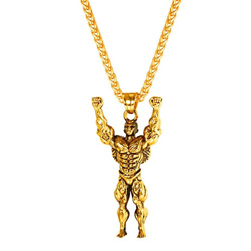 U7 Masculine Men Necklace Cool 18K Gold Plated Personalized Bodybuilder Pendant  and  Chain Gym Fitness Jewelry
