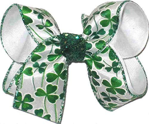 HL-314M Medium St. Patrick_s Day Green Glitter Shamrocks on Satin over White Hair Bow