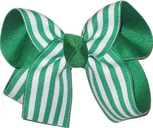 HL-301M Medium St. Patrick_s Day Green and White Stripes over White Hair Bow