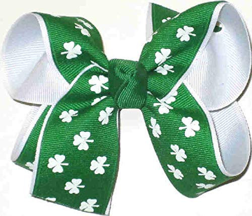 HL-303M Medium St. Patrick_s Day White Shamrocks on Green over White Hair Bow