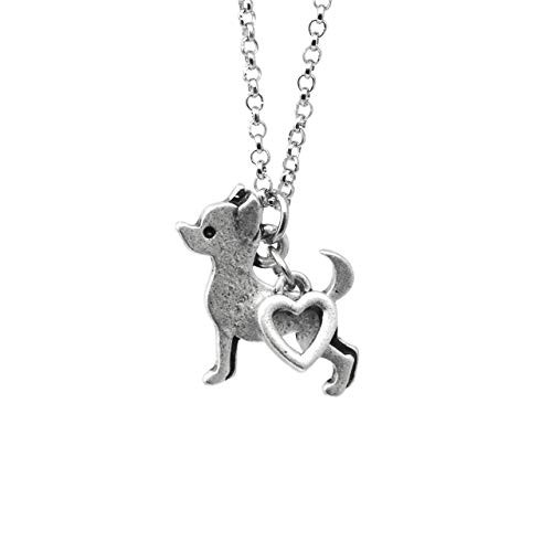 Chihuahua Charm Necklace  Pet Dog Lover Gift  Silver Metal with Heart Pendant on a Chain  Ladies I Love Small Puppy