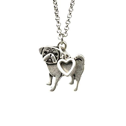 Pug Charm Necklace  Pet Dog Lover Gift  Silver Metal with Heart Pendant on a Chain  Ladies I Love Small Puppy