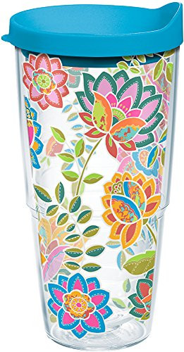 Tervis 1176070 Boho Floral Chic Tumbler with Wrap and Turquoise Lid 24oz, Clear
