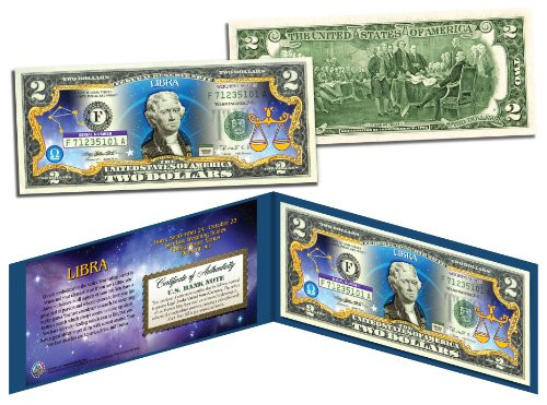 LIBRA * Horoscope Zodiac * Genuine Legal Tender Colorized U.S. 2 Bill