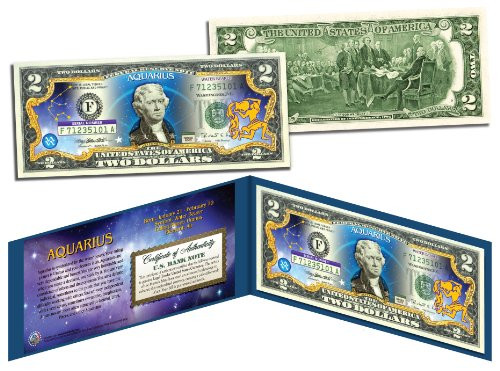 AQUARIUS * Horoscope Zodiac * Genuine Legal Tender Colorized U.S. 2 Bill