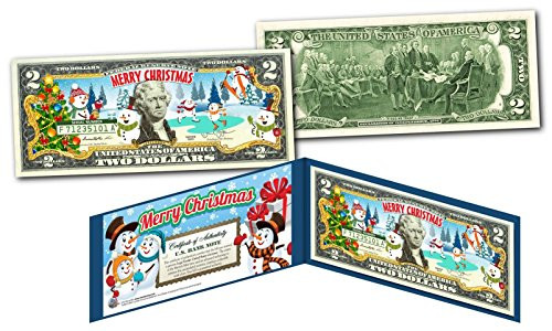 MERRY CHRISTMAS * SNOWMAN * XMAS OFFICIAL Genuine Legal Tender U.S. 2 Bill