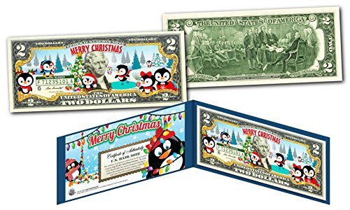 MERRY CHRISTMAS * PENGUINS * XMAS OFFICIAL Genuine Legal Tender U.S. 2 Bill