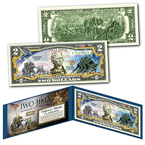 IWO JIMA Raising the Flag WWII Official Legal Tender 2 U.S. Bill - THEN  and  NOW