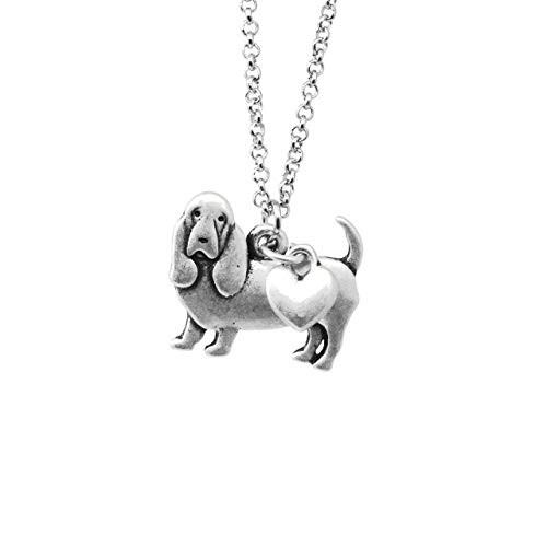Basset Hound Charm Necklace  Dog Pet Lover Gift  Silver Metal with Heart Pendant on a Chain  Ladies I Love Bassett Dog Short Hair Long Ears