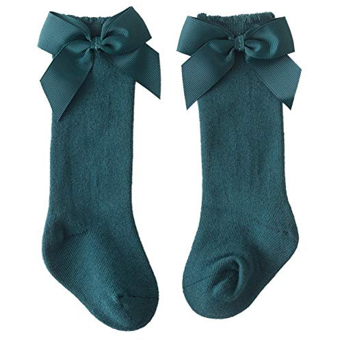 Toddler Baby Girl Knee High Socks Cute Bow Cotton Stockings Warm Socks -Dark Green  S-