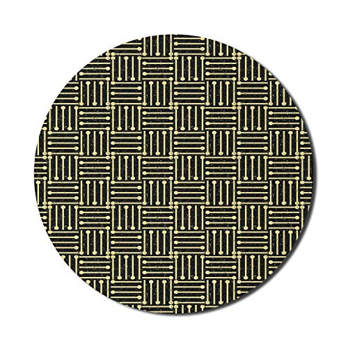 Round Mouse Mat  Art Deco Mouse Pad for Computers  Repetitive Grungy Geometric Vintage 1920_s Inspired Design  Round Non-Slip Rubber Modern Base Mousepad  Yellow Charcoal Grey Mousepad