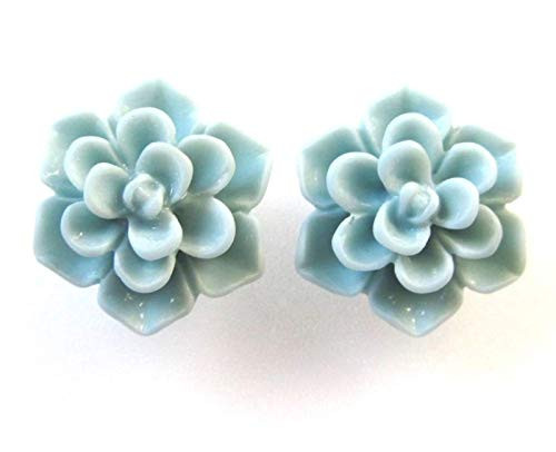 Metal Free Succulent Earrings Hypoallergenic 13mm Resin Stud Earrings For Metal Sensitive Ears  Plastic Posts Matte Aqua Blue