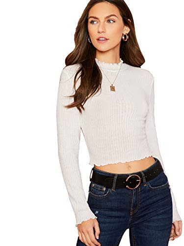 Floerns Women_s Lettuce Trim Shirt Slim Fitted Long Sleeve Crop Tee Tops White XL