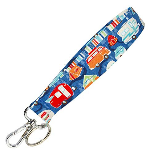 Camping Key Fob Strap - Camper Keychain - Blue With Retro Campers - RV Accessories - 1 Inch Wide - 6 Inch Loop - Purse or Wallet Strap