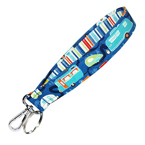 Camper Keychain - Blue With Retro Campers - Camping Key Fob Strap - RV Accessories - 1 Inch Wide - 6 Inch Loop - Purse or Wallet Strap