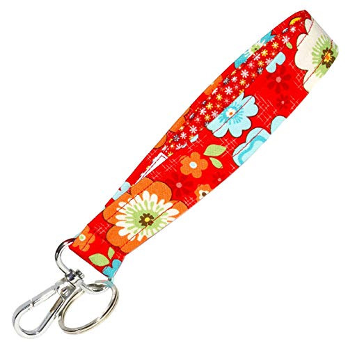 Red Floral Key Fob - Flower Power Key Chain - Keychain Strap - 1 Inch Wide - 6 Inch Loop - Purse or Wallet Strap
