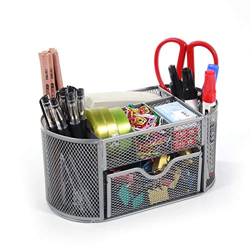 School Office Desk Accessories Organizer 9 Compartments Mesh Desktop Office Supplies Multi-Functional Caddy Pen Holder Stationery with Drawer  Silver School Office Desk Accessories Organizer 9 Compartments Mesh Desktop Office Supplies Multi-Functional Caddy Pen Holder Stationery with Drawer  Silver