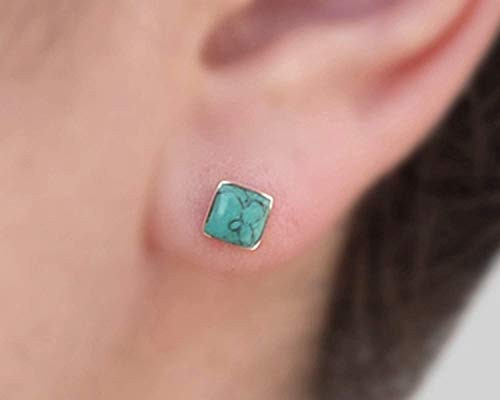 Sterling Silver 5mm Square Reconstructed Turquoise Gemstone Stud Earrings  Handmade Studs