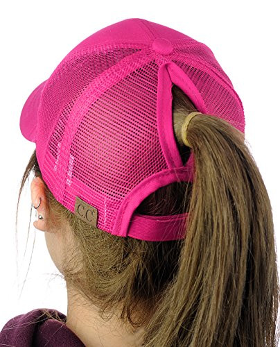 C.C Ponycap Messy High Bun Ponytail Adjustable Mesh Trucker Baseball Cap Hat  Hot Pink